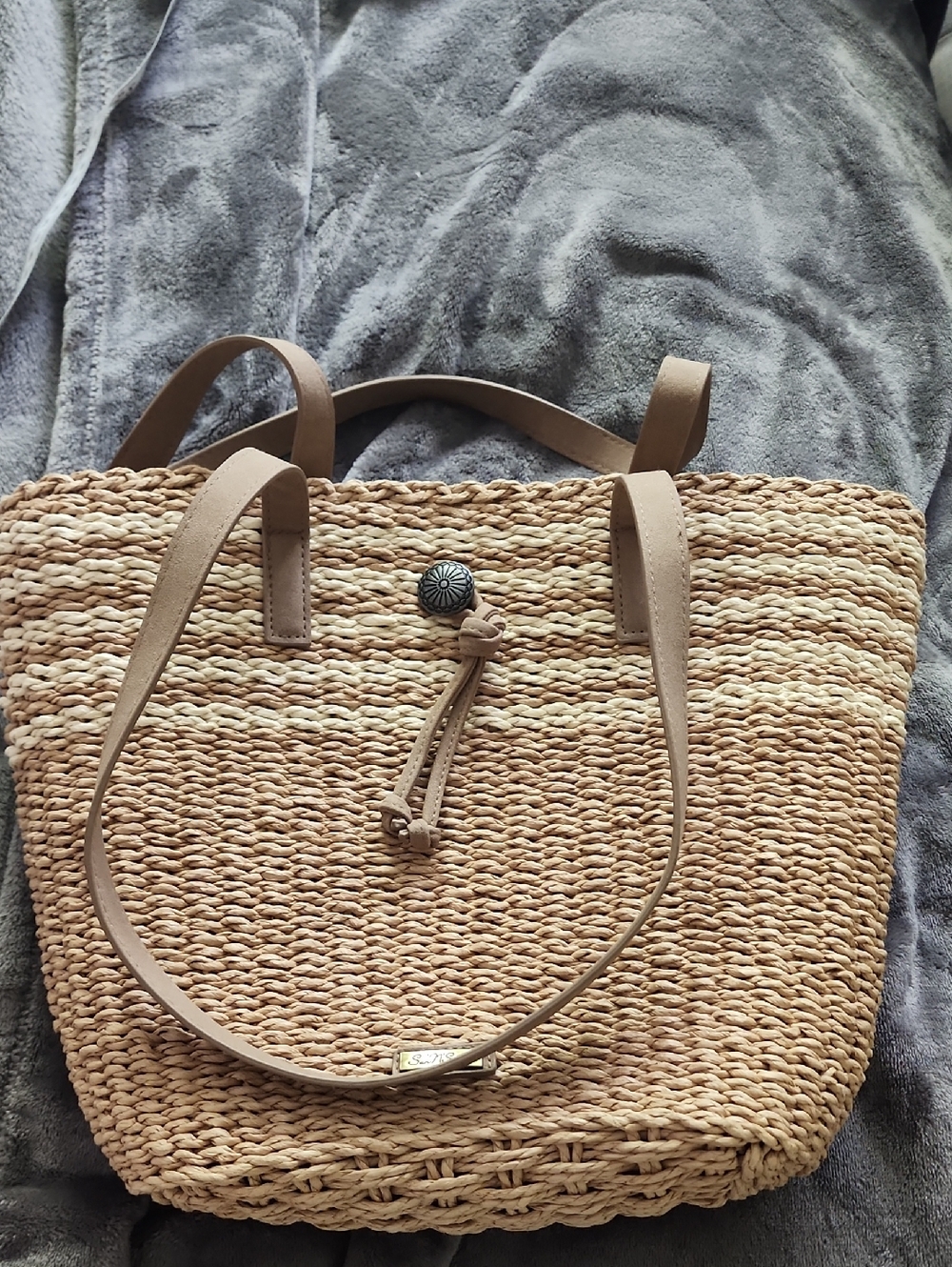 Woven Straw Tote with Tan Handles